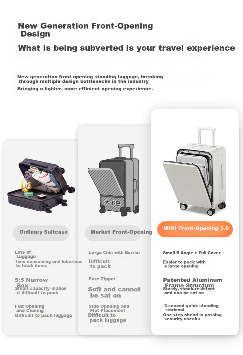 Mixi Front-Opening Aluminum Frame Suitcase, Trolley Case with Password Lock, Large Capacity Luggage for Travel, Carry-On Suitcase for Me 7