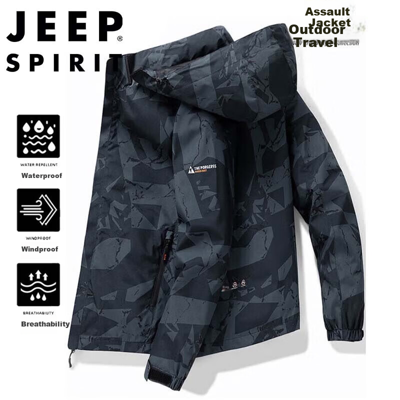 JEEP SPIRIT Men's Windproof Hooded Jacket for Spring And Autumn, Mountaineering And Sports Outerwear, Dark Gray, 2XL
