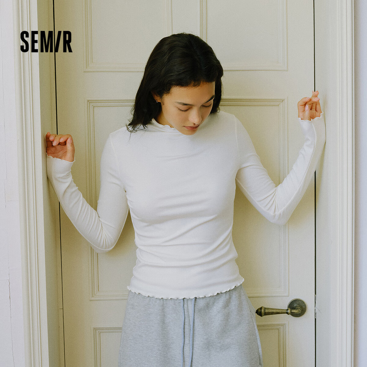 Semir Long-Sleeve T-Shirt for Women, Semi-Turtleneck with Ruffle Trim, Fleece-Lined, Thermal, Tight-Fitting, Elastic, Inner Layer, Autumn And Winter Basic Versatile Base Shirt