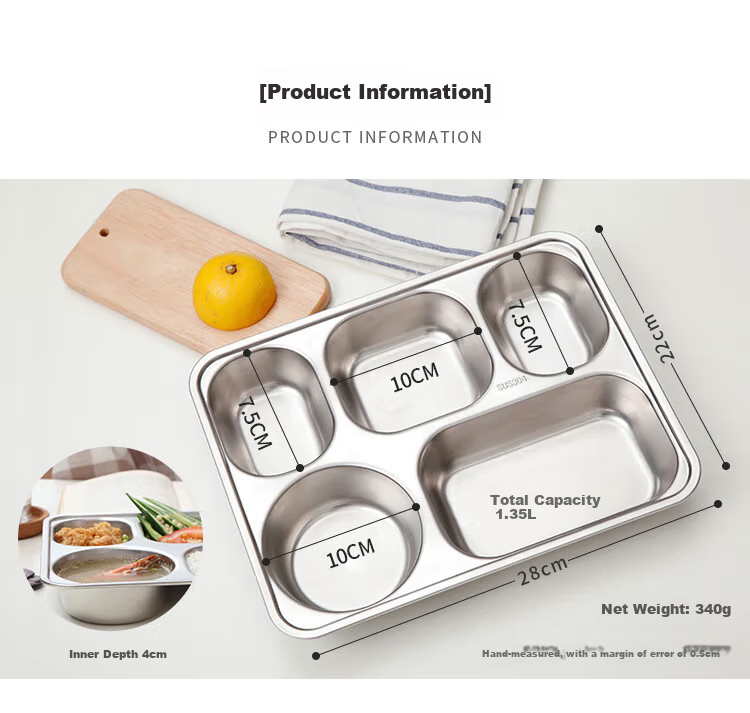 MAXCOOK 304 Stainless Steel Meal Tray Lunch Box, 4 Compartments Deep Thick Divided Fast Food Tray Student Lunch Box MCFT168 1