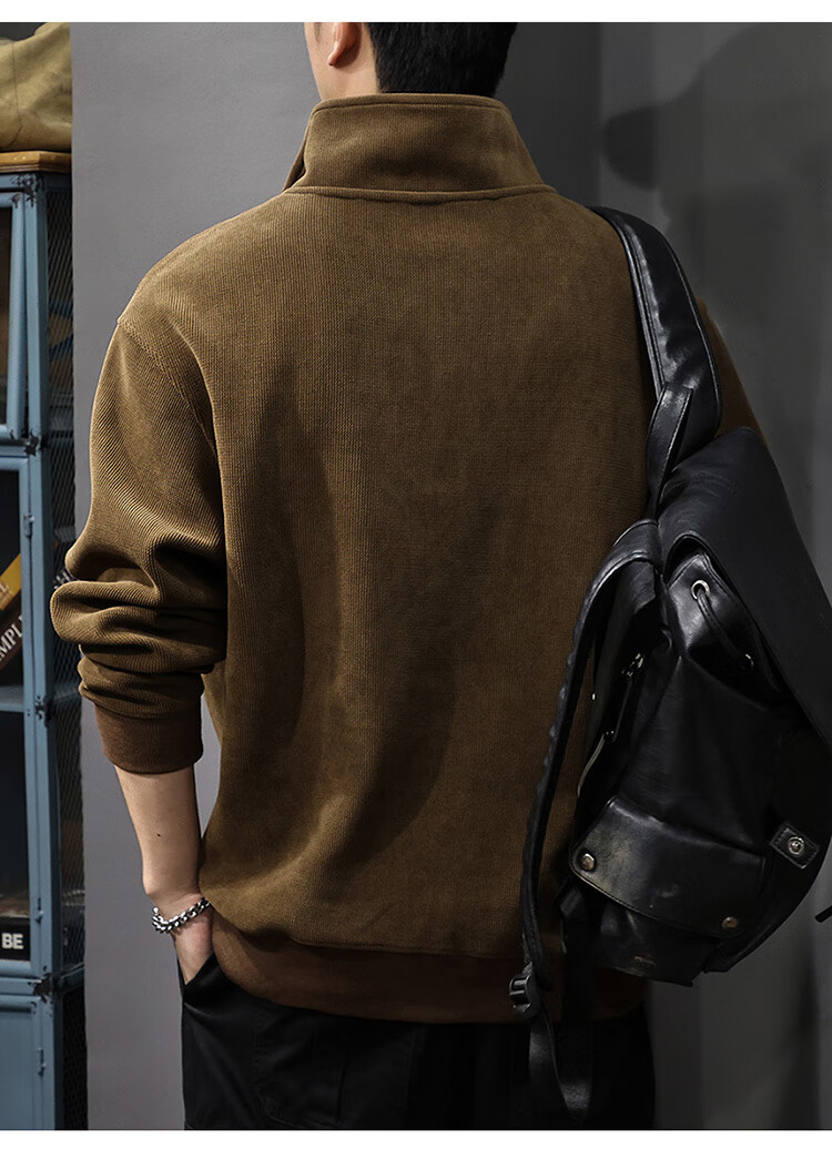 JEEP Men's Autumn Winter Zip-up Loose Long Sleeve Corduroy Thickened Warm Sweatshirt Black L 2