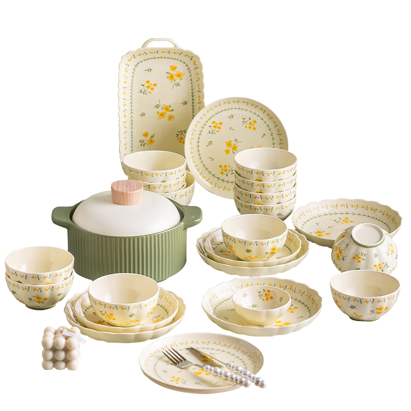 Chudi 42-Piece Nordic Style Ceramic Bowl and Plate Set Home Kitchen Dinnerware Spring Jun Gift Box