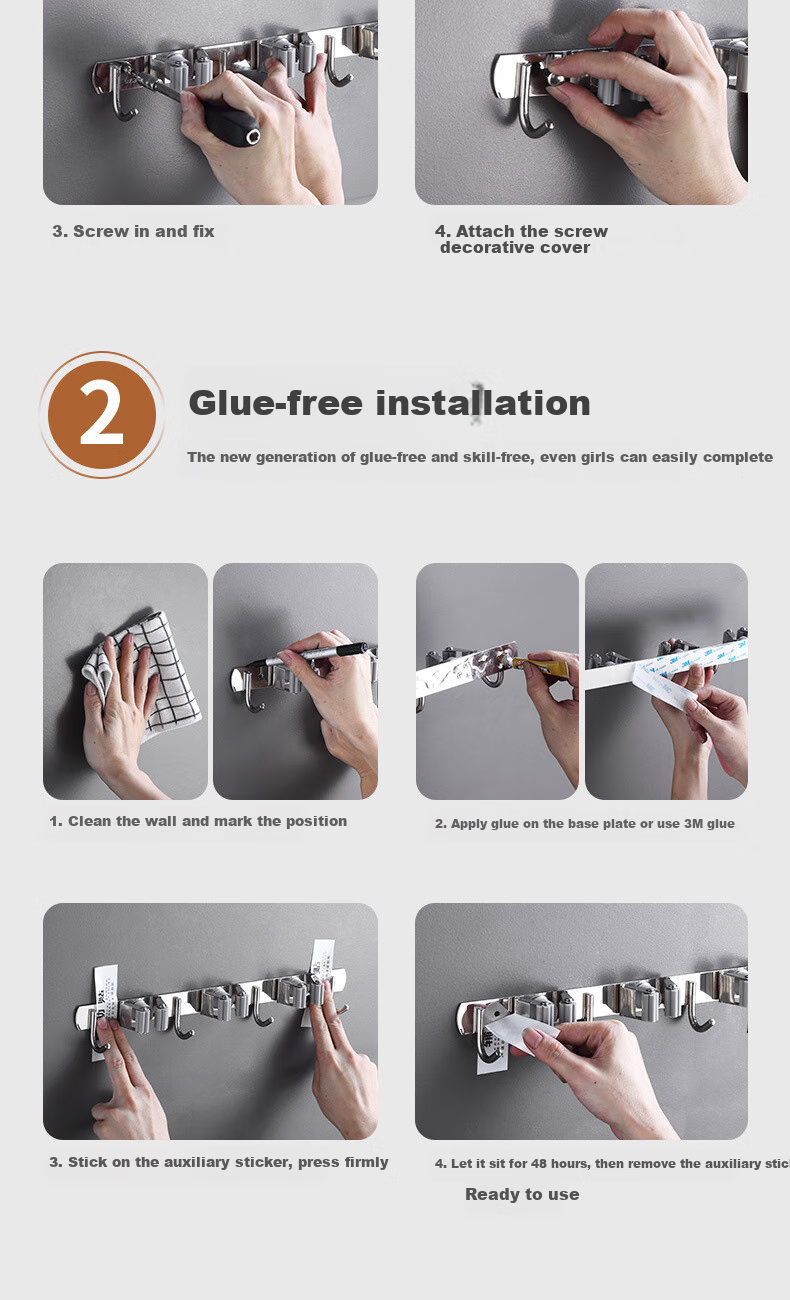 Yagao Stainless Steel Mop Hook [4 Clips 5 Hooks], Bathroom No-Drill Mop Rack with Hooks, Wall-Mounted Mop Clip Row Hooks 12
