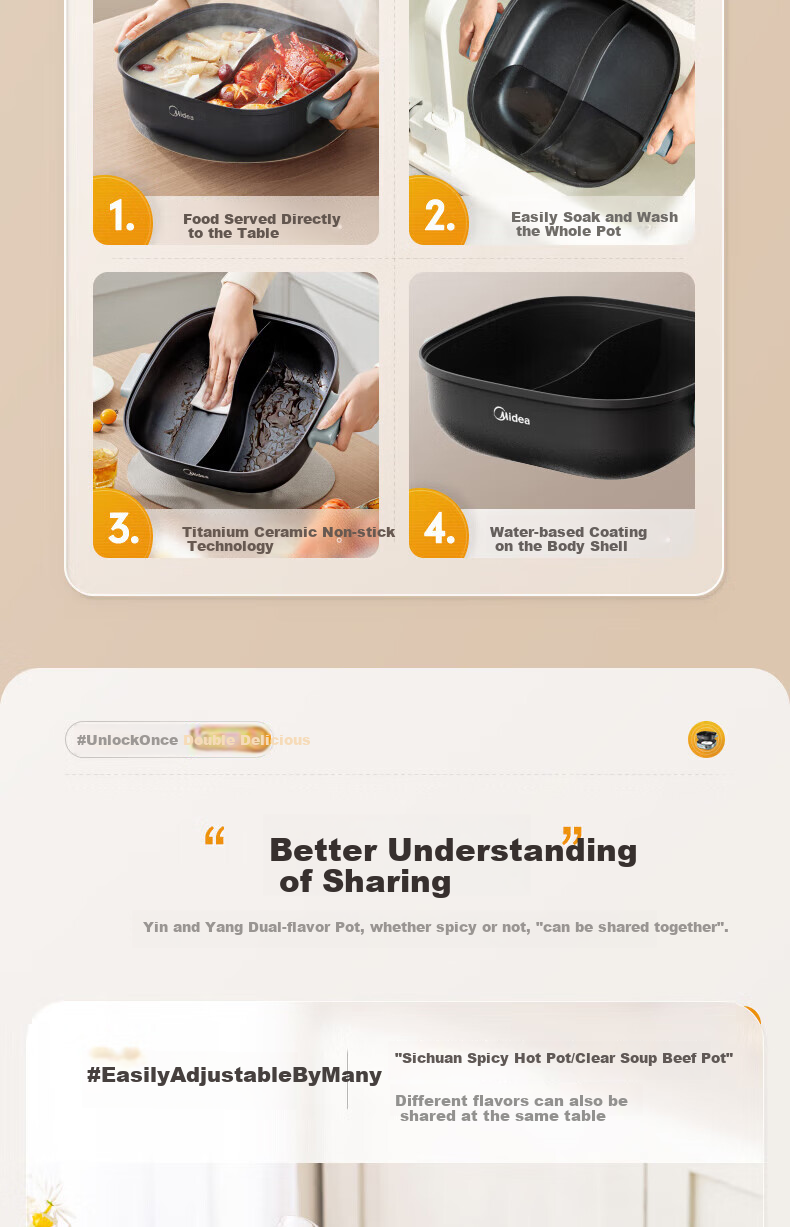 Midea Electric Hot Pot, Dual-Sided Pot for Home Use, 4-6 People, 6L Capacity, Titanium And Ceramic, Zero Fluorine, Antibacterial, Dormitory Style, Detachable Design, 9CM Deep, Multifunctional, Bionic Non-Stick Pot, New Electric Cooker, Self-Operated 16