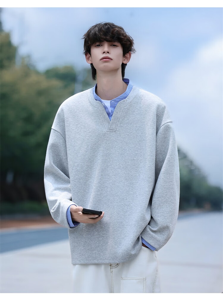 Homlean Men's American Casual Two-in-One Sweatshirt Autumn Loose Vintage Polo Shirt Versatile Top HP05 Ultimate Black 3XL 10