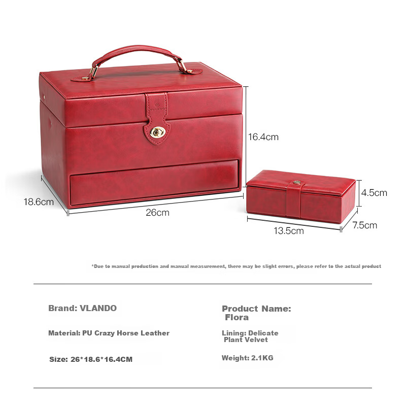 VLANDO [One-Click Opening] Crazy Horse Pattern Red Wedding Jewelry Box Gift Box Mid-Autumn Festival Gift for Bride