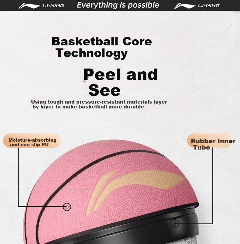 Li-Ning Basketball Size 6 for Women, Professional Competition Training, Standard for Middle School Entrance Exams, Indoor And Outdoor Use on Cement Courts, Moisture-Absorbing, Wear-Resistant PU Material, Pink Color 15