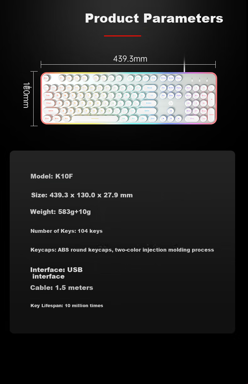 HP K10F Mechanical Keyboard, Stylish Wired Backlit Gaming And Office Keyboard, Comfortable Wear-Resistant Metal Panel, 26 Keys without Collision, White Keycaps with Frosted Finish 9