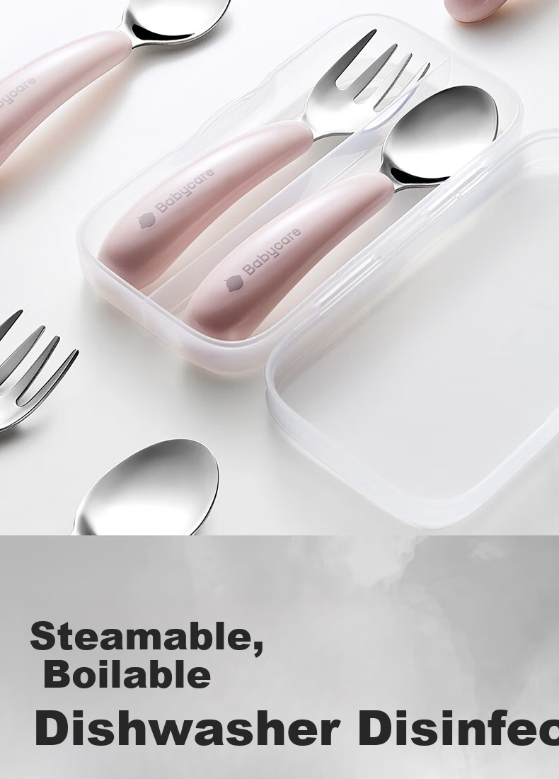 Babycare Children's Stainless Steel Fork And Spoon Set, Feeding Training Utensils for Infants, Portable Baby Cutlery, Weili Tei Pink 8