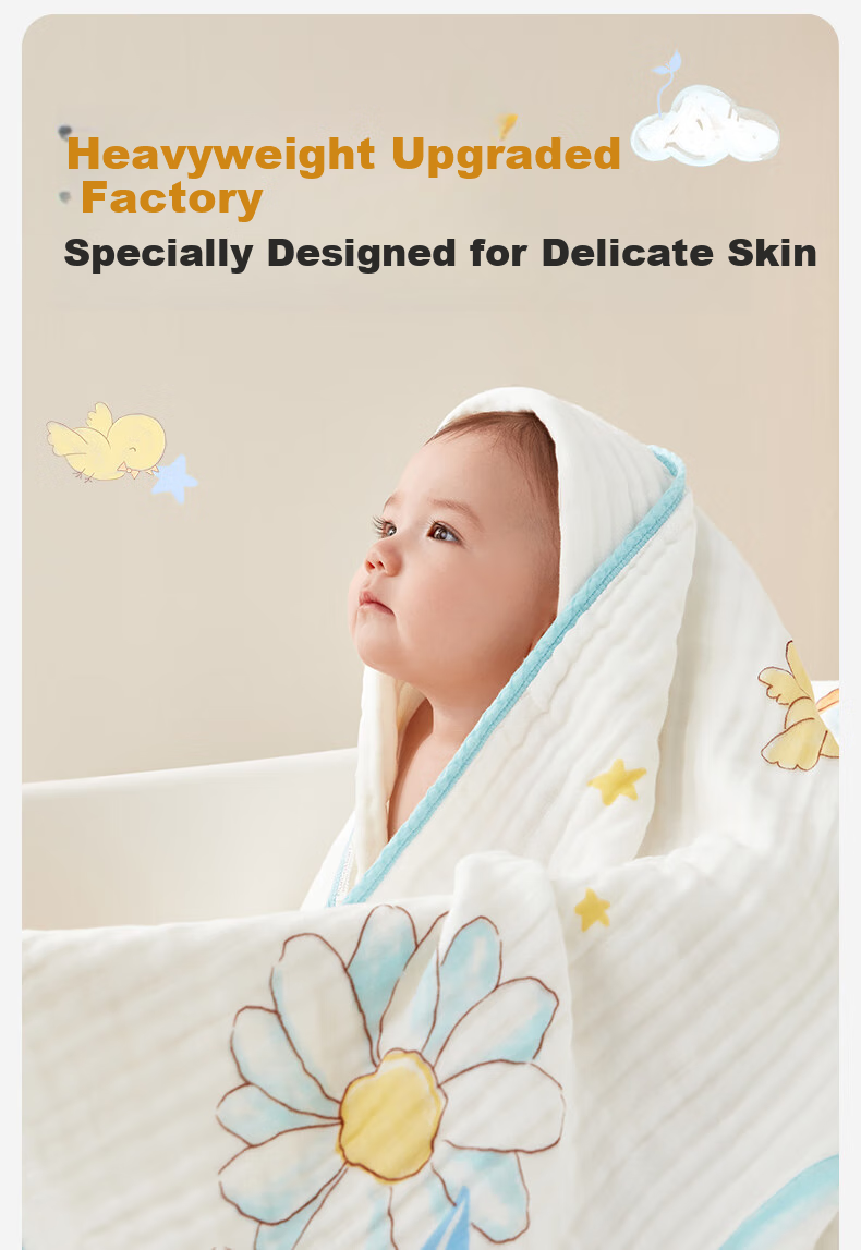 PurCotton Children's Bath Towel, Pure Cotton Gauze Bath Towel, Baby Bath Towel, Antibacterial And Anti-Mite, Healthy Little Duck Design, 95cm × 95cm 3