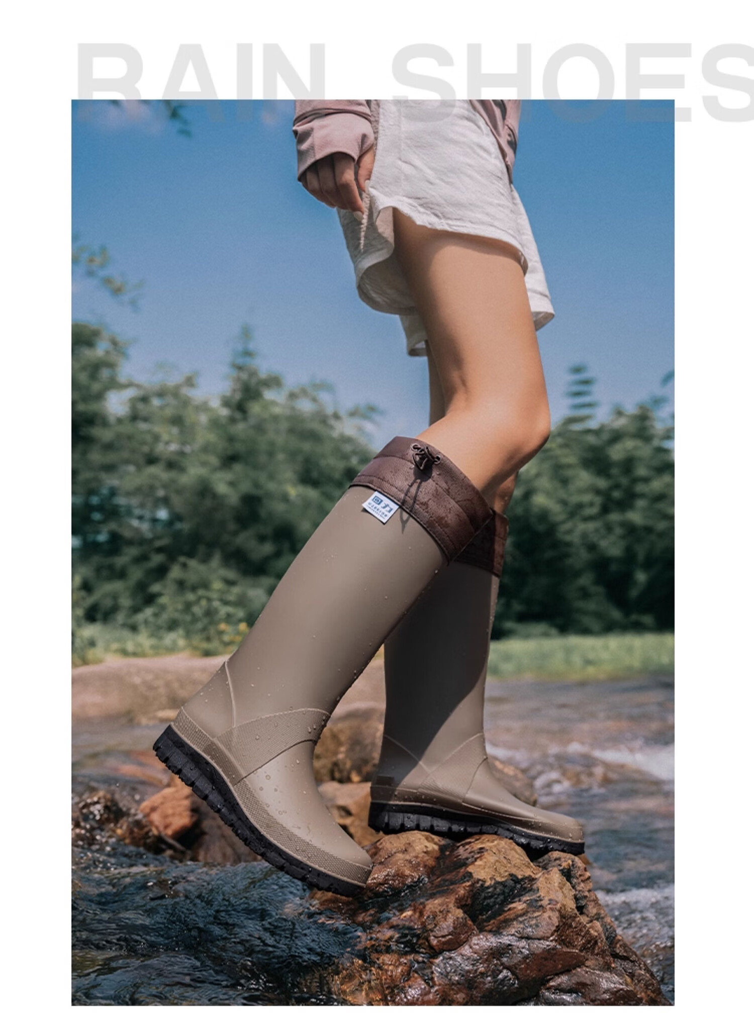 Warrior Unisex Outdoor Foldable Waterproof Rain Shoes Rubber Non-slip High Tube Rain Boots Camping Creek Shoes Brown Size 39 7