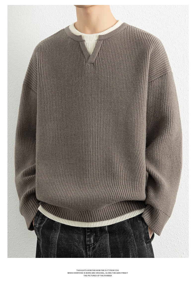ROMON Men's Autumn Thickened Knitted Sweater, Round Neck, Fake Two-Piece Casual Versatile Pullover, Black 3XL ZH6012 9