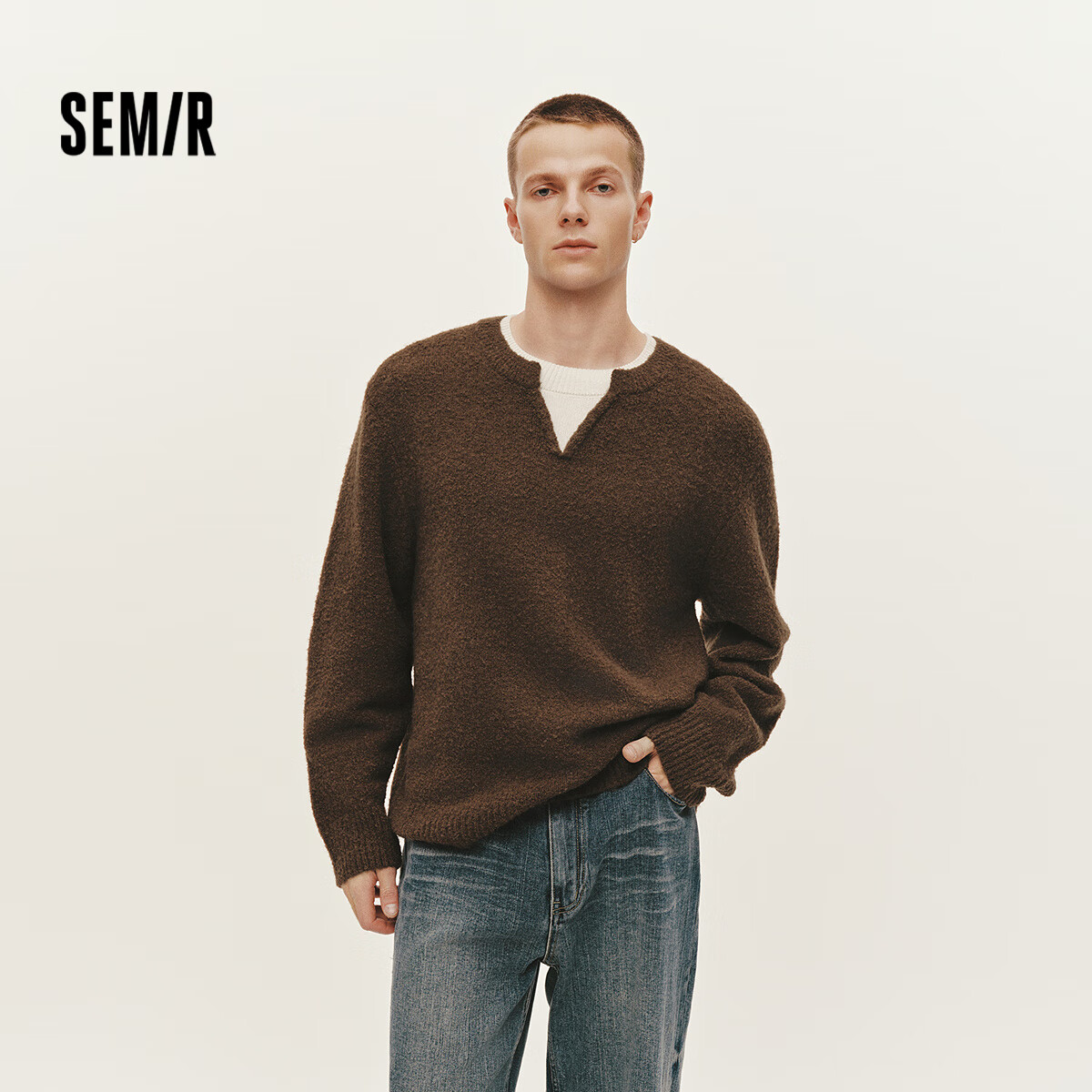 Semir Men's Winter V-Neck Wool Blend Knit Sweater 2025 Colorblock Fashion Layered Pullover 109725107103