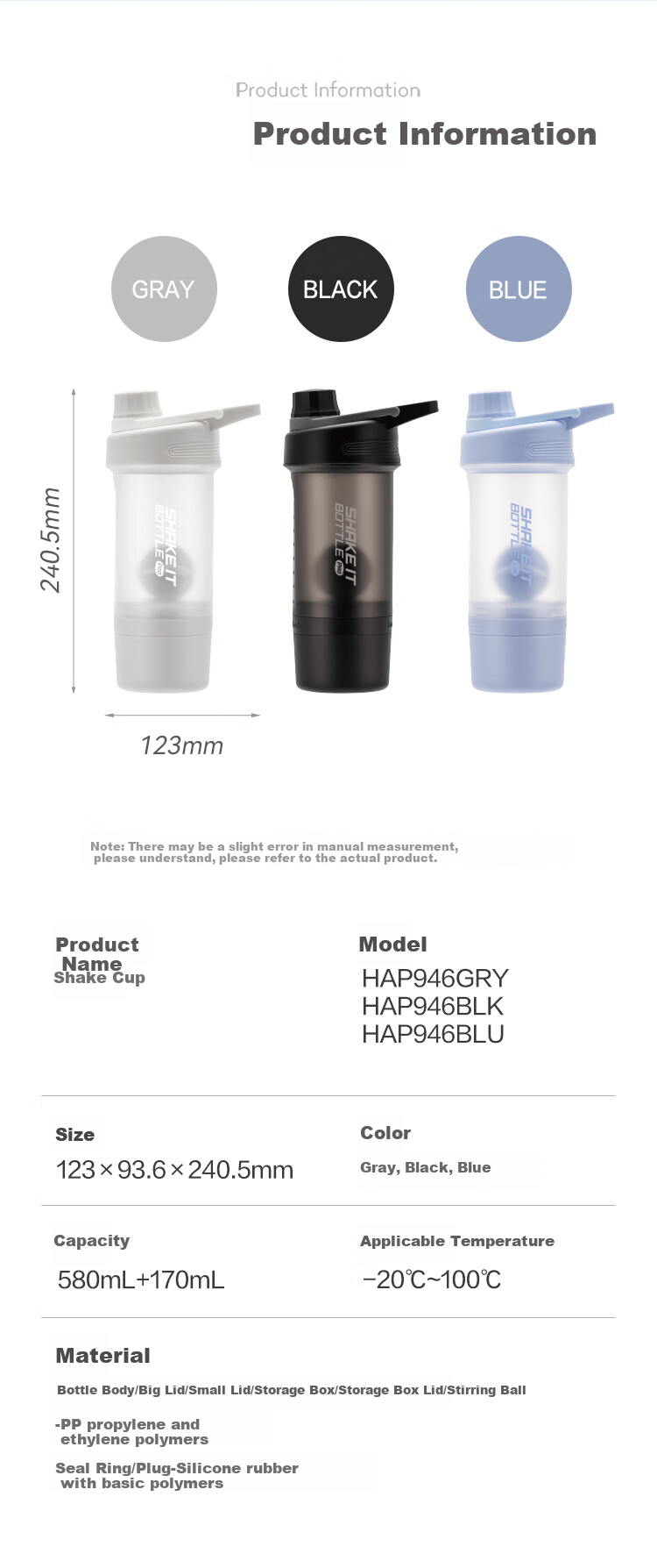 LOCK&LOCK Sports Shaker Bottle with Individual Storage Box, Portable Plastic Cup, Fitness Tea Water Bottle, Gray (580mL+170mL) 14