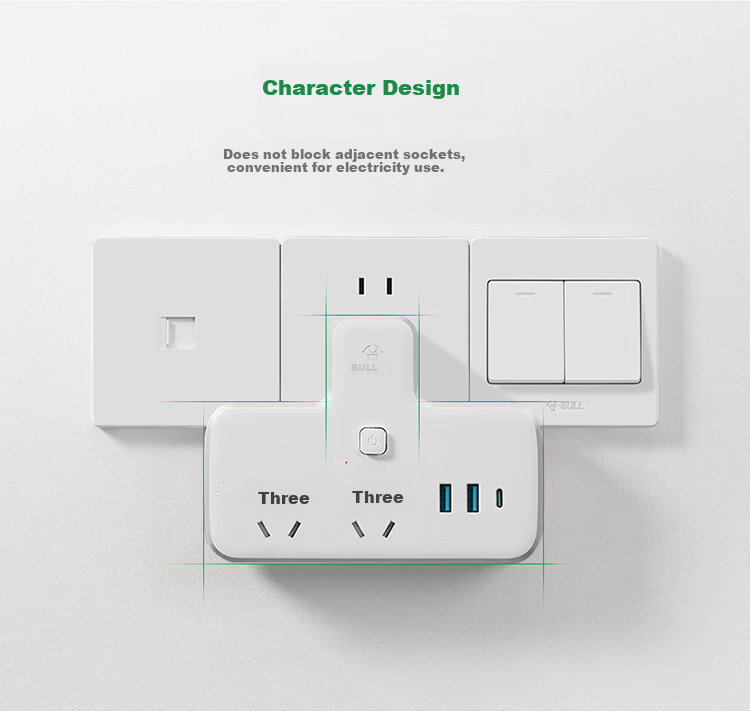BULL 30W PD Apple Fast Charging Socket Adapter, One-To/One-To Socket/Converter Plug/Adapter/power Strip, 2 Master Switches + 3 USB Ports, GN-96021Q30 2