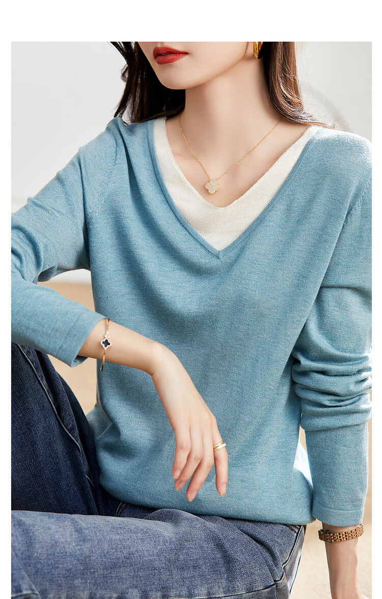 Dme [Color-Block Casual Knit Sweater] Spring And Autumn Commuter V-Neck Loose Long-Sleeve Sweater for Wome 15