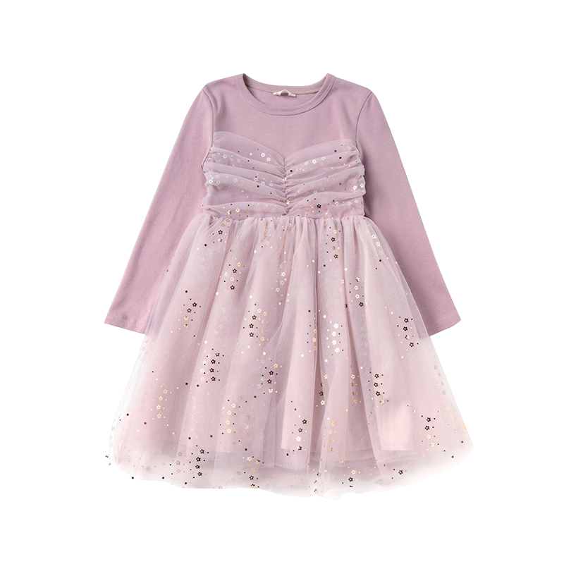 Fulomi Girls' Dress Spring Autumn Sweet Sequin Mesh Princess Dress Little Girl Puffy Knit Dress Purple Pink 130