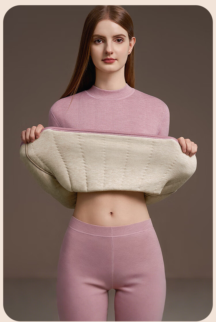 LangSha Women's Thermal Underwear Set Thickened Fleece Wool Warm Mid-Neck Winter Heat Retention Autumn Top and Bottom 15