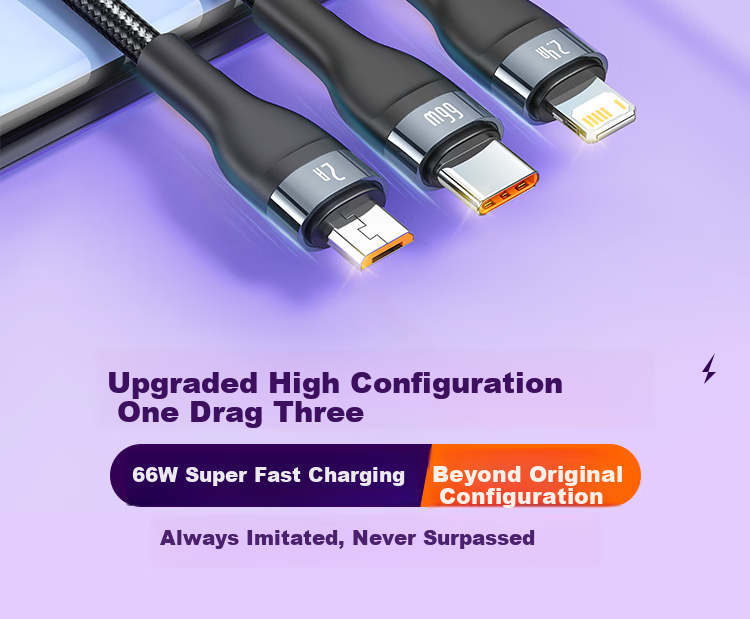 BASEUS Three-In Charging Cable, 6A Fast Charging 66W Charger Cord, Suitable for Apple 14/13, Xiaomi, Huawei, Type-C Android Phones, One-To Car Charger, Blue 3
