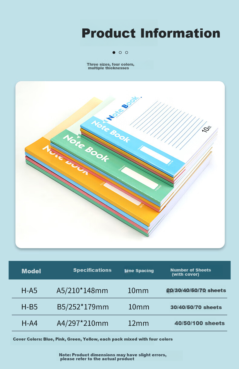 Bailiwen H-A5 Notebook A5 Thick Soft Cover Notebook with 20 Sheets And 10 Mixed Colors, Diary, Meeting Record Book, Soft Cover Exercise Book 2