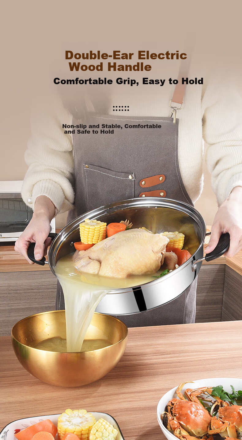BSITN Hot Pot Cookware 28cm, Stainless Steel Hot Pot for Clear Soup, Compatible with Induction Cooker, Hot Pot Pan with Visible Lid, 4428 4