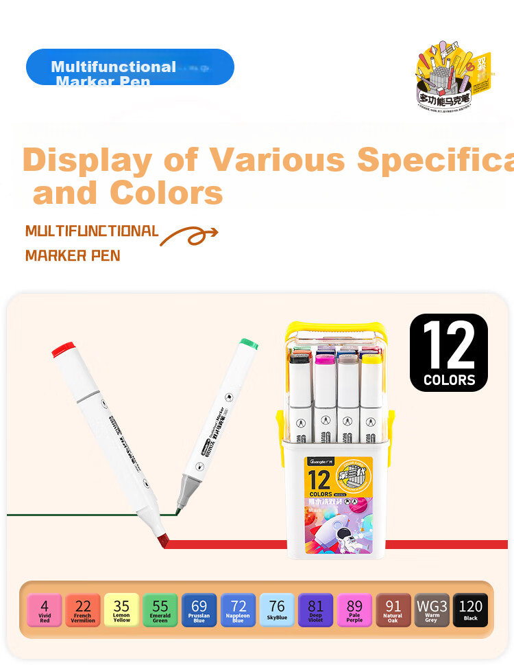 GuangBo Multifunctional Markers, 12 Colors, Washable, Erasable, Water-Based, Children's Colored Watercolor Pens, Double-Ended, Non-Toxic for Elementary School Students And Kindergarten, Specialized Art Brushes, Collection Case with Storage Box H02321 14