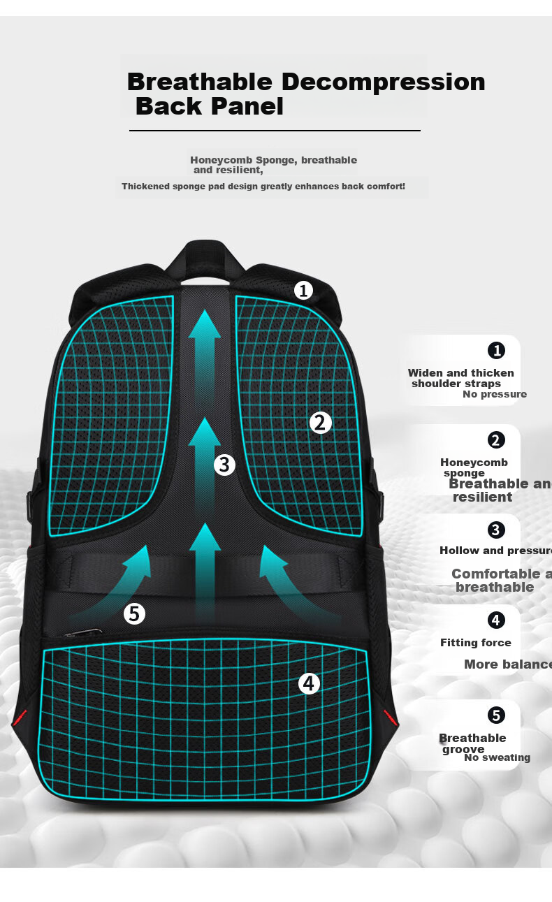 Edison High School Student Backpack with Spine Protection, Large Capacity, Water-Resistant, Reflective, Middle School Travel Backpack K056-1G Black 8