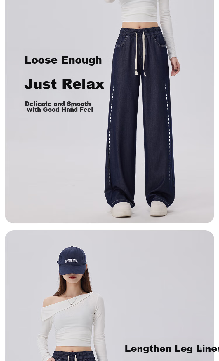 BOPRUIEY Faux Denim Straight-Leg Pants for Women, Lightweight And Flowy for Spring And Summer, High-Waisted Casual Pants with Elastic Waist, Slim-Fit Wide-Leg Trousers 7