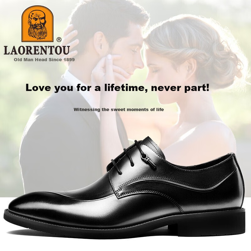 LAORENTOU Men's Leather Shoes, Top-Grain Leather, British Style Business Casual Shoes, Pointed Toe Wedding Shoes, Work Formal Shoes LA12371 Black 38