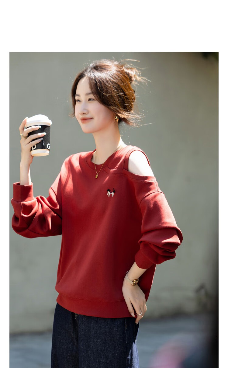 Demana [Relaxed Life] Autumn Simple Style Cloud Oxygen Cotton Off-Shoulder Embroidered Loose Fit Petite Elegant Sweatshirt for Women 9