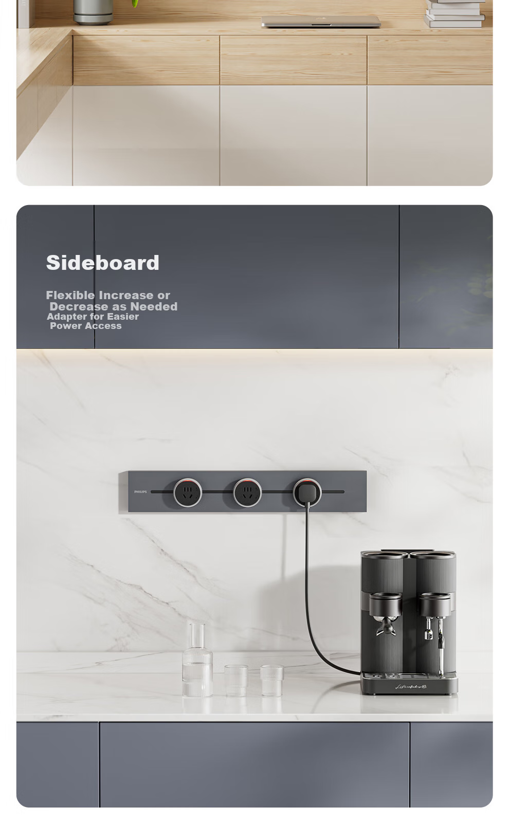 PHILIPS Surface-Mounted Track Socket Switch Panel, Wall-Mounted without Groove, Movable Sliding Rail Panel, Sideboard Track-Type Sliding Power Strip, 42cm Track + 2 Adapters, Gray 9