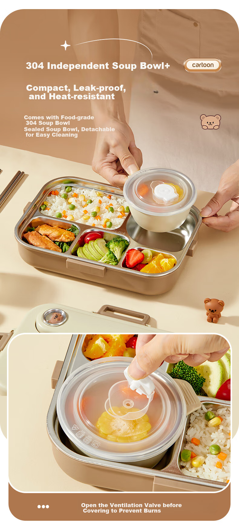 WORTHBUY 304 Stainless Steel Lunch Box for Office Workers, Meal Container with Compartments for Students' Cafeteria, Rice Serving Tray, Beige with 5 Compartments + Bag 9