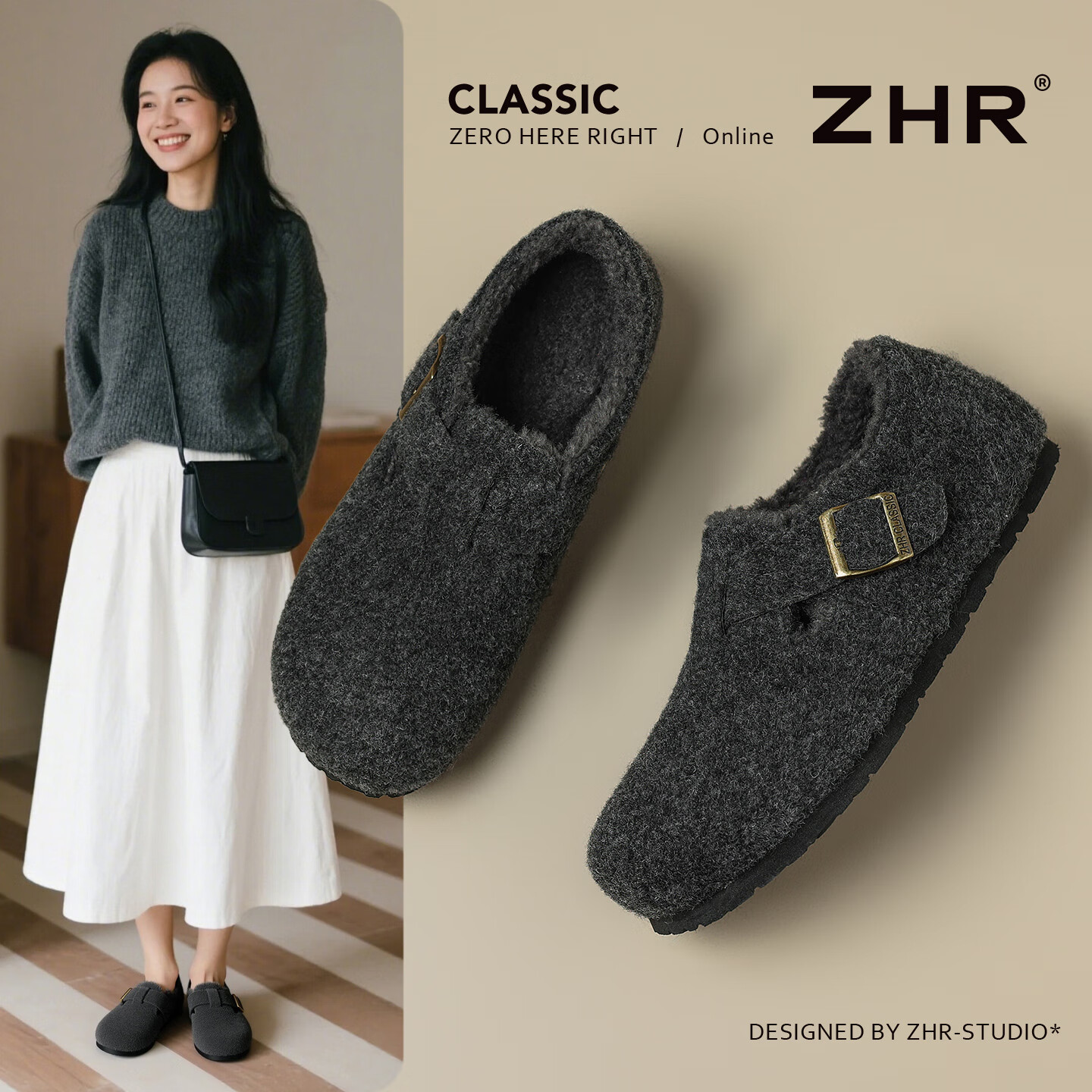 ZHR Women's Winter Cotton Shoes with Fleece Lining Warm Birkenstock Style Non-Slip Snow Boots JQ07FFB Dark Gray Size 37