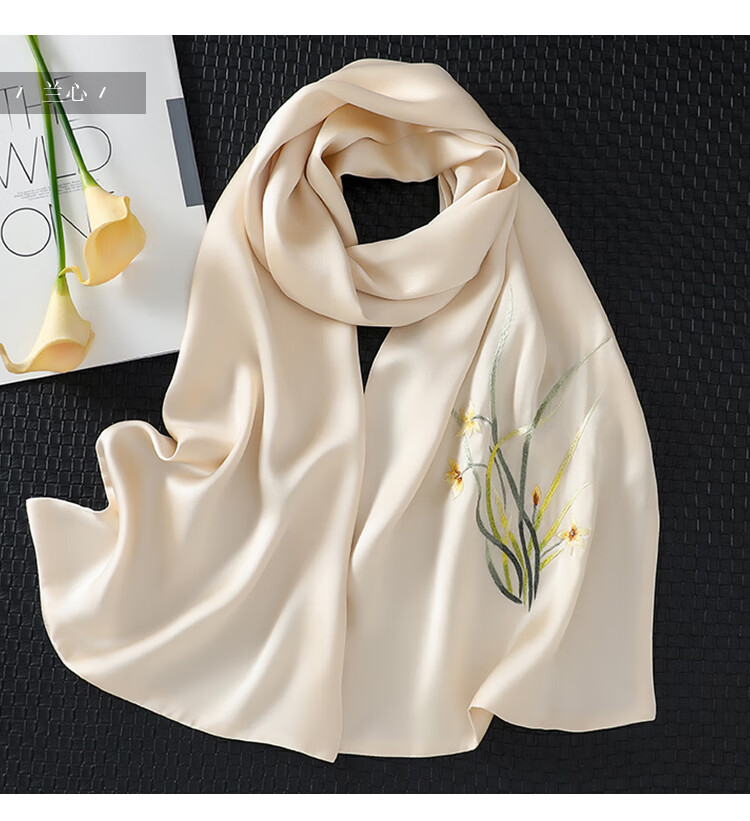 Shanghai Story Women's 100% Mulberry Silk Scarf Handcrafted Su Embroidery High-End Gift Box Mother's Day Birthday Gift for Mom 7