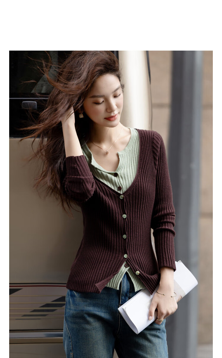Demana【With Wool】Autumn Design Faux Two-Piece V-Neck Color-Block Slim Fit Cardigan Knitwear for Women 2