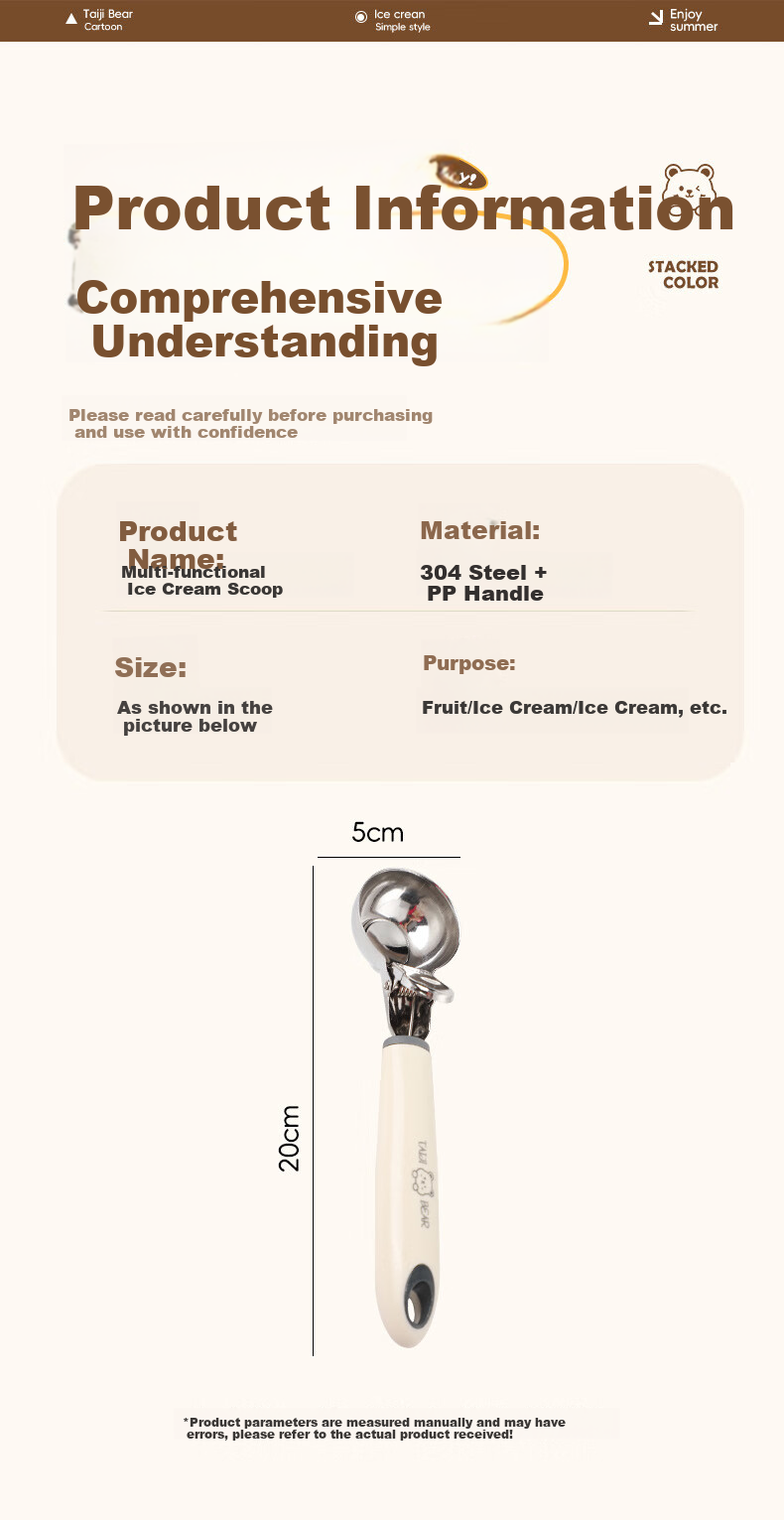 CAIZHI Stainless Steel Ice Cream Scoop, Ball Maker, Fruit Spoon, Watermelon Scoop, Ice Cream Spoon CZ6930 13