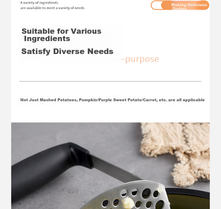 Baijie Stainless Steel Potato Masher, Manual Potato Press, Home Use Potato Masher, Potato Puree Crusher Tool, Baby Food Grinder 11