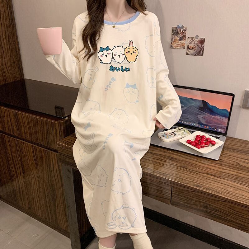 LangSha Pure Cotton Nightgown for Women, Long Sleeve Spring New Cartoon Loose Plus Size Knee-Length Sleepwear, Suitable for Outdoor Wear, Ladies' Pajamas