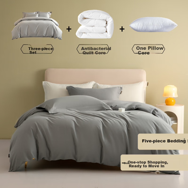 Yuanshenghuo Bedding Set, Including Quilt, Mattress Pad, And Pillow, Five-Piece Complete Set for Bed, Duvet Insert about 3 Jin (1.5 Kg), Spring And Autumn Style, Light Gray