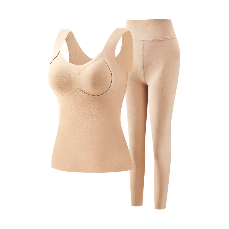 Herbal Original Color Women's Thermal Vest Set with Padded Bra, Antibacterial German Velvet Heating and Temperature-Regulating Base Layer Autumn Underwear Set 10A