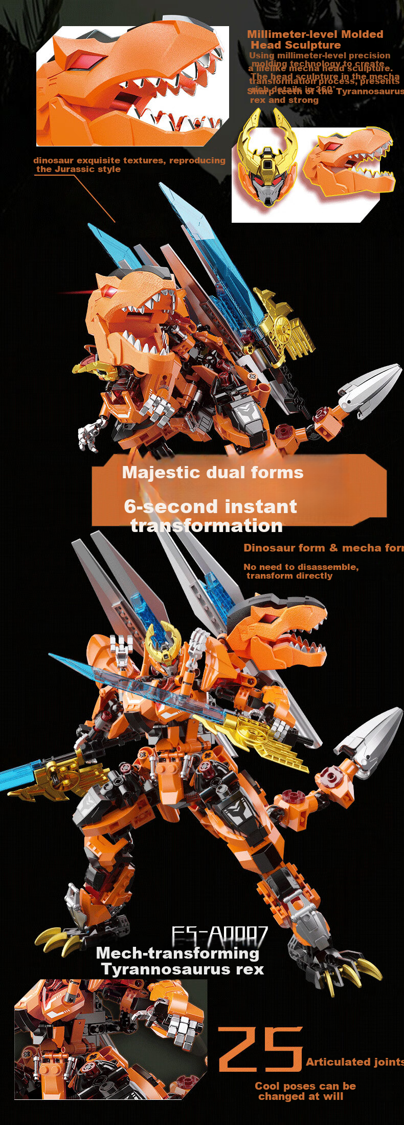 F5 Yilong Dinosaur Building Blocks, Transforming Robot, Direct Transformation Gundam Mecha, Children's Toy, Gift for Boys' Birthday 4
