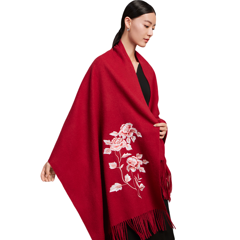 Shanghai Story Red Wool Embroidered Large Shawl Scarf New Year Birthday Gift for Elders Mom Zodiac Year of the Horse Women