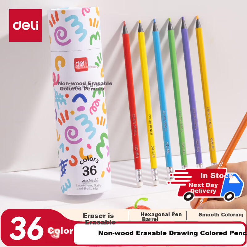Deli 36-Color Hexagonal Barrel Erasable Colored Pencils for Coloring, Art Drawing, Children's Doodling, Easy-To Erasable, Girls' Gift HM456-36 Colored Pencils for Graduatio