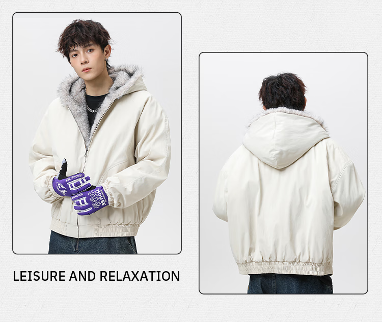 Homlean Heavyweight Fur Collar Hooded Eagle Cotton Jacket Unisex Winter Fleece Warm Couple Coat HY98 Khaki L 4