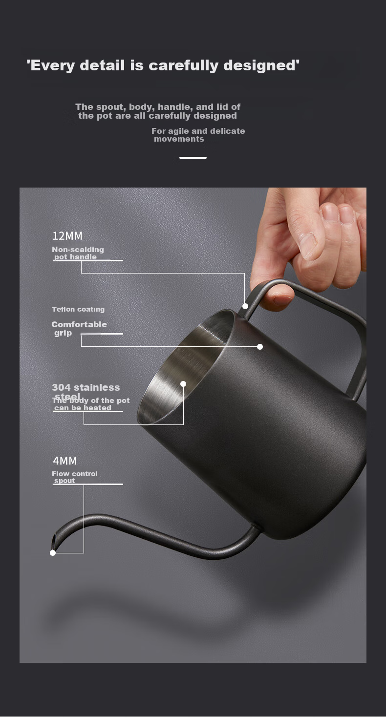 TEOTM Pour-Over Kettle with Fine Spout, Home Use Drip Coffee Maker, Narrow-Mouth Kettle, 304 Stainless Steel Pot, Black, 350ml 6