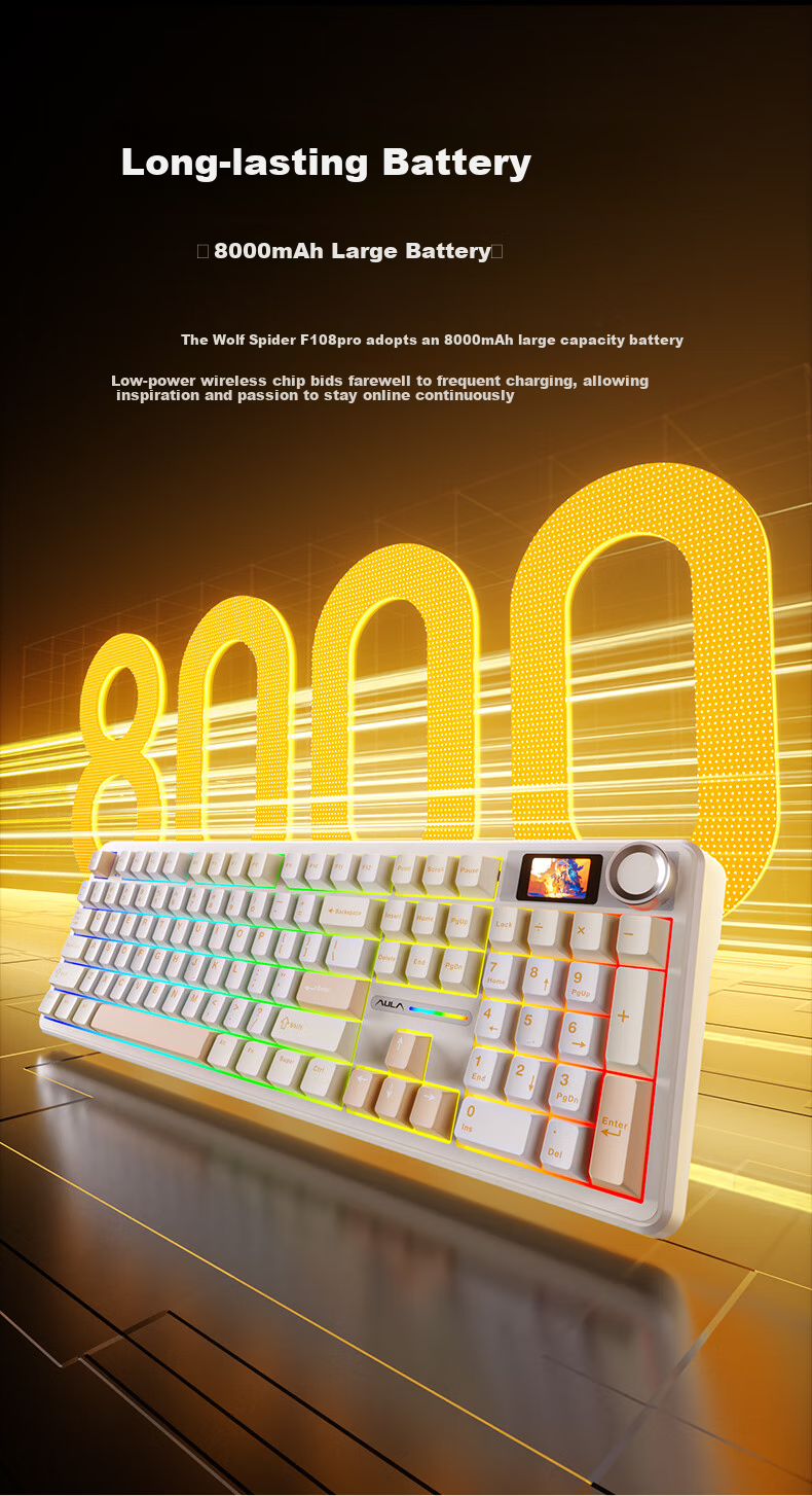 AULA F108pro Custom Mechanical Keyboard, Wireless Bluetooth Tri-Mode Display, Gasket Structure, RGB Lighting Effects, 108 Keys for Gaming And Office Use, Gradient Gray - Caramel Latte Switches 8