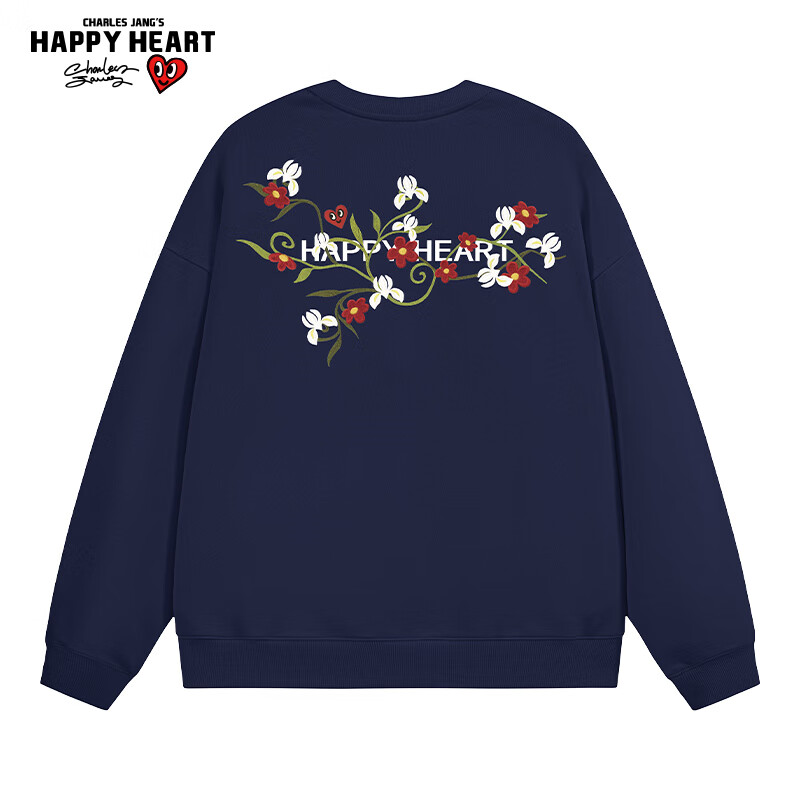 Chaersitaoxin American Floral Print Sweatshirt for Men, Spring And Autumn Round Neck Loose Casual Long Sleeve Couple's Wear, Navy Blue, 2XL
