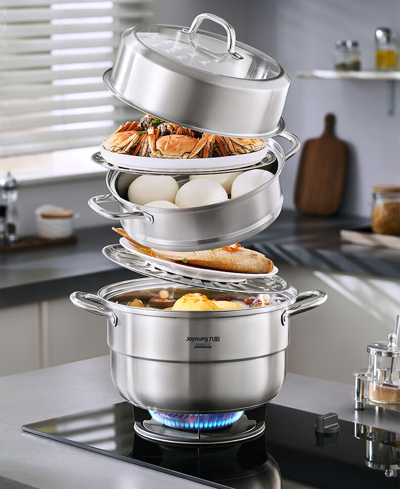 Joyoung 26cm 304 Stainless Steel Multifunctional Steamer for Induction Cooker and Gas Stove, Wooden Steamer Pot, Home Use 1