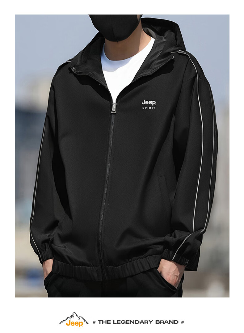 JEEP SPIRIT Men's Outdoor Hooded Windproof Waterproof Jacket Loose Fit Versatile Windbreaker Black 2XL 1