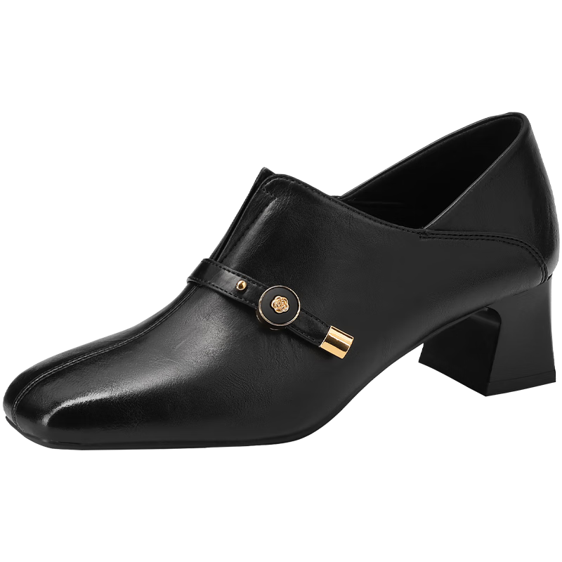 MULINSEN Women's Comfortable Commuter Leather Shoes Versatile Square Toe Low-Heel Mom Shoes Black Size 36